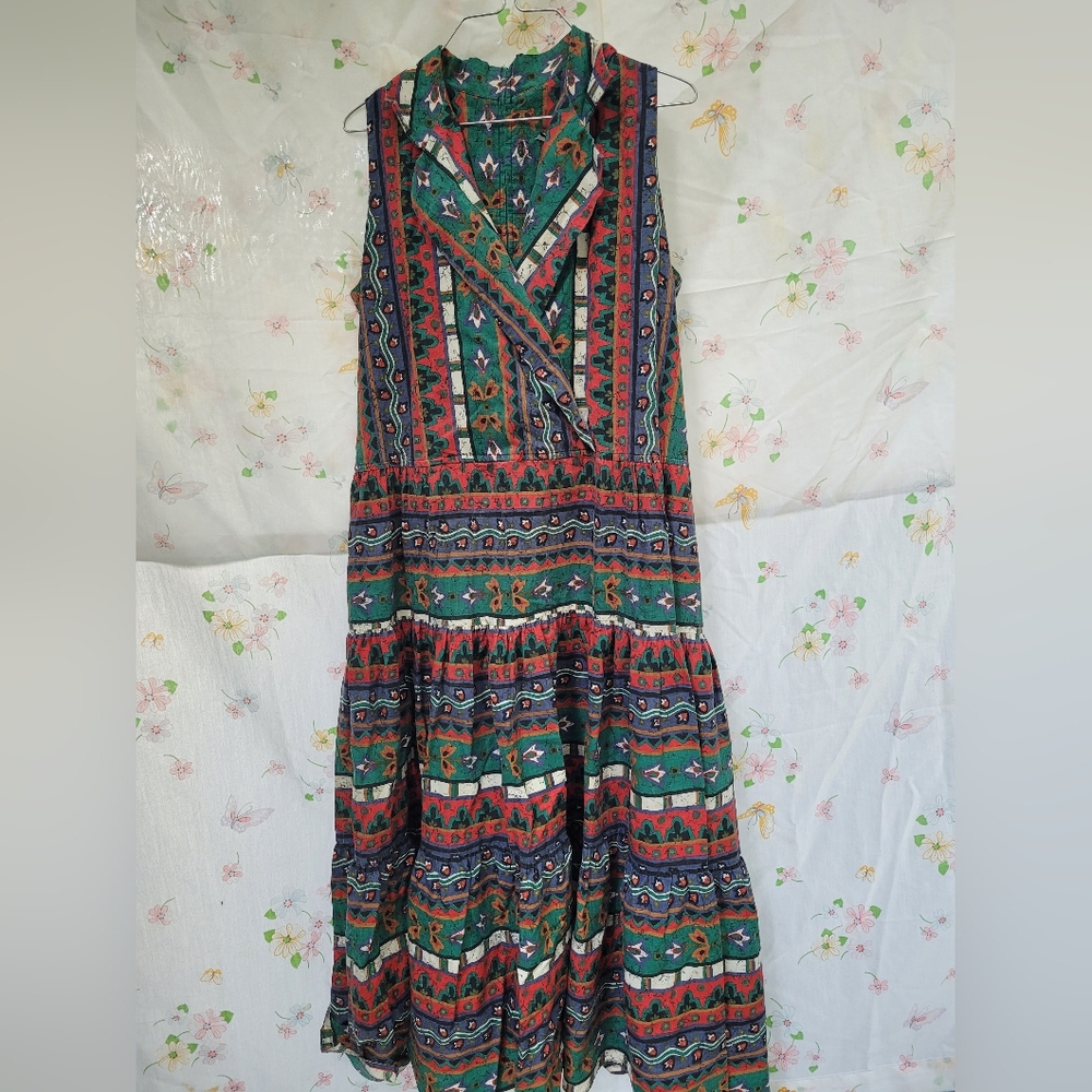 Vintage Lindsey Scott Maxi Dress 12 Floral Aztec Artsy Made In USA